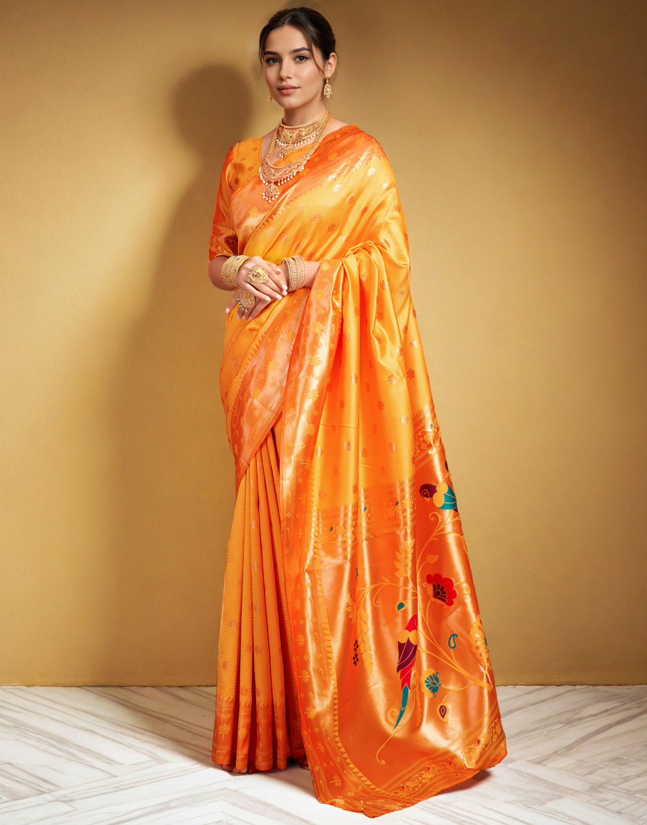 Traditional Orange Paithani Silk Saree With Zari Weaving Work