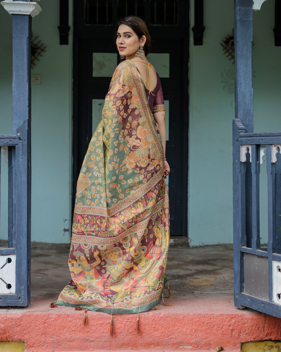 Multi Kalamkari Digital Printed Linen Cotton Saree