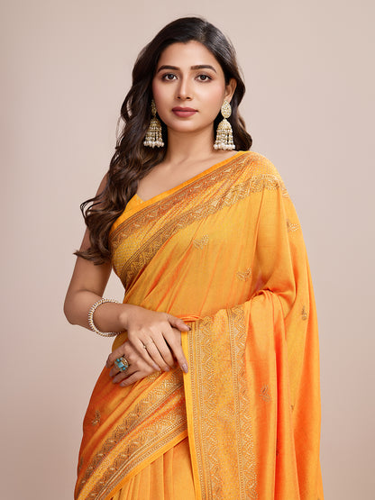 Fancy Yellow Soft Vichitra Silk Saree With Embroidery Work