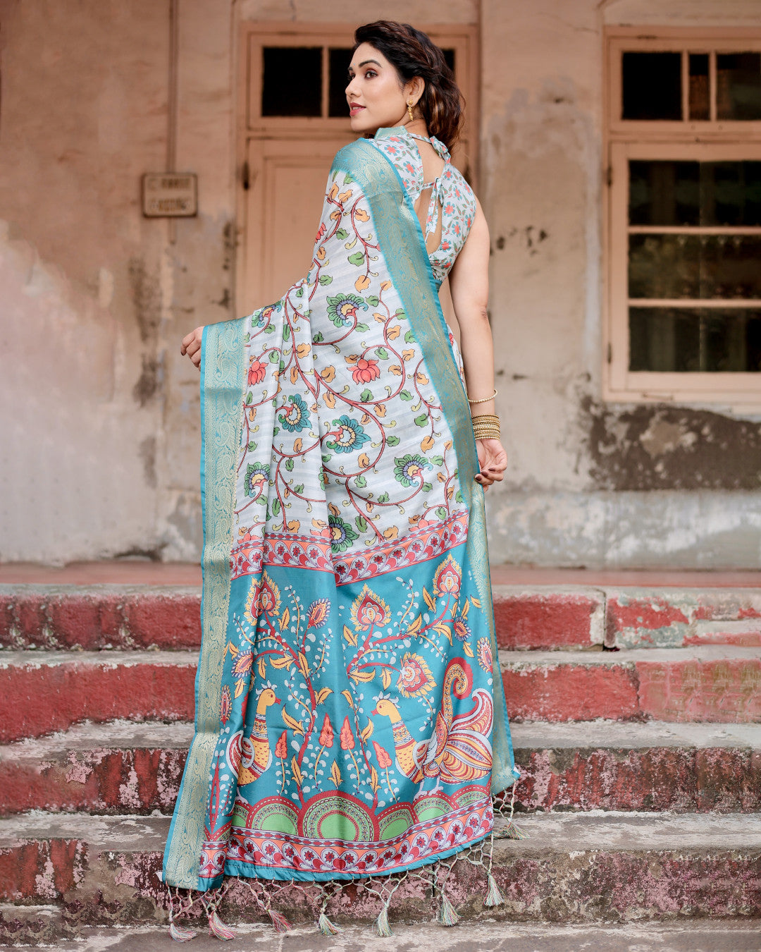Sky Blue Kalamkari Digital Printed Dola Silk Saree With Gold Zari Border