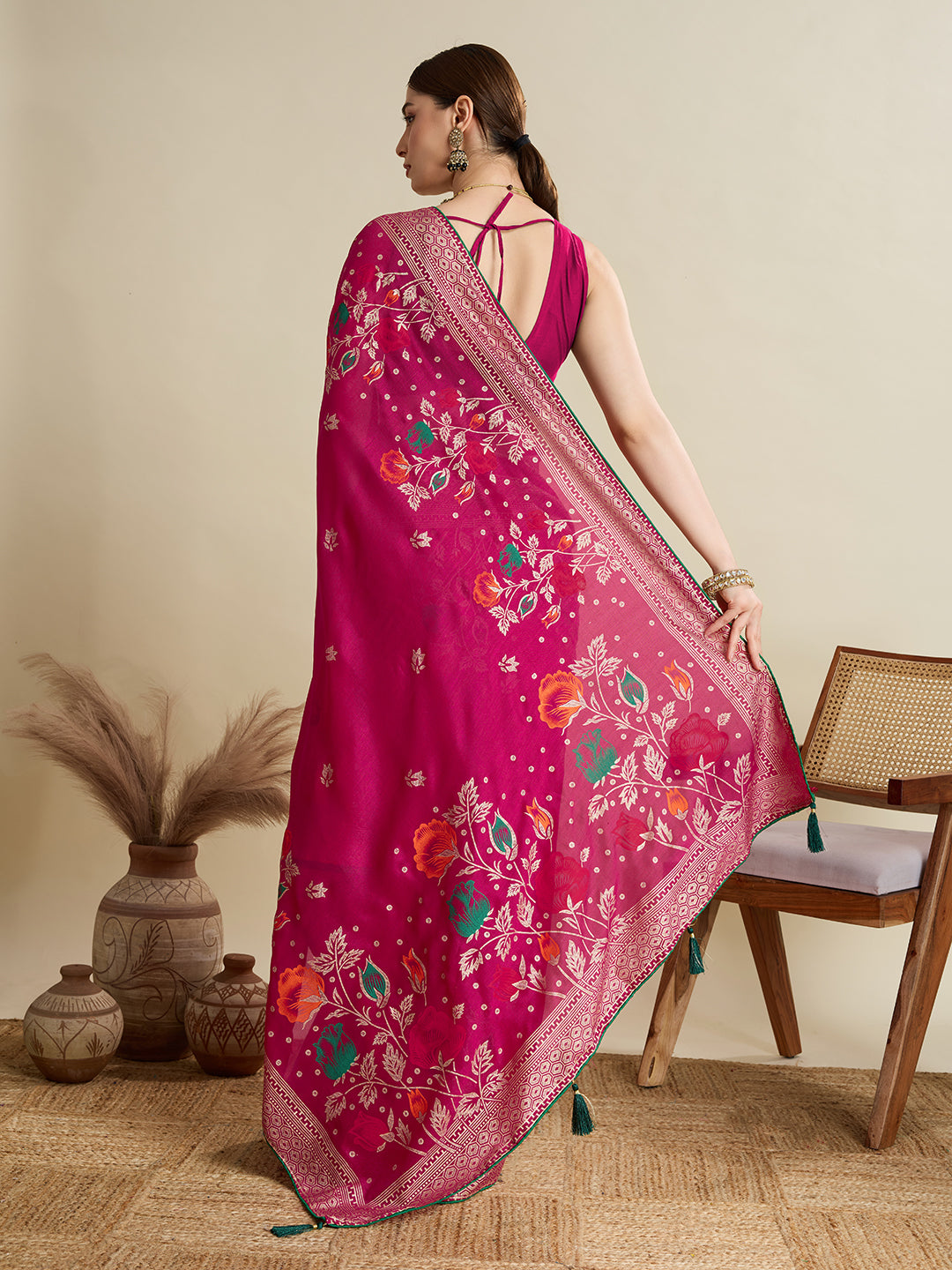 Pink Cotton Saree With Table Printed And Foil Work With Pipeing Border