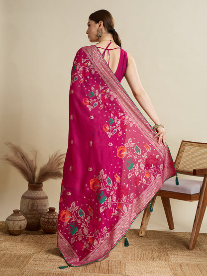 Pink Cotton Saree With Table Printed And Foil Work With Pipeing Border