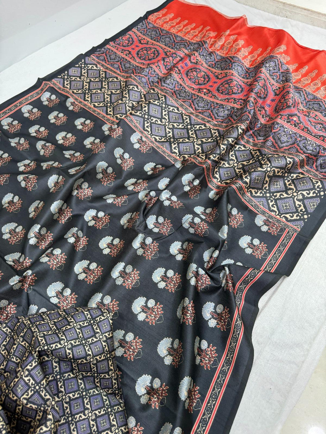 Black Ajrakh Print Tussar Silk Saree
