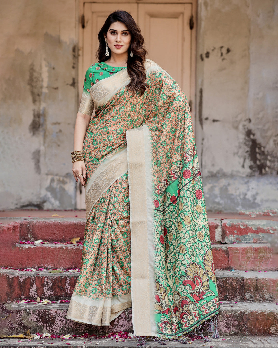 Multi Kalamkari Digital Printed Dola Silk Saree With Gold Zari Border