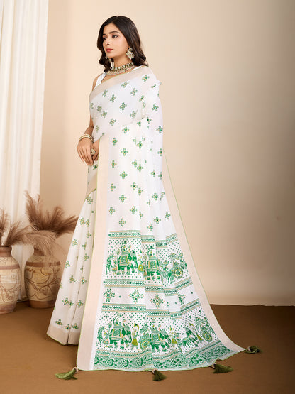White Soft Cotton Saree With Printed Work