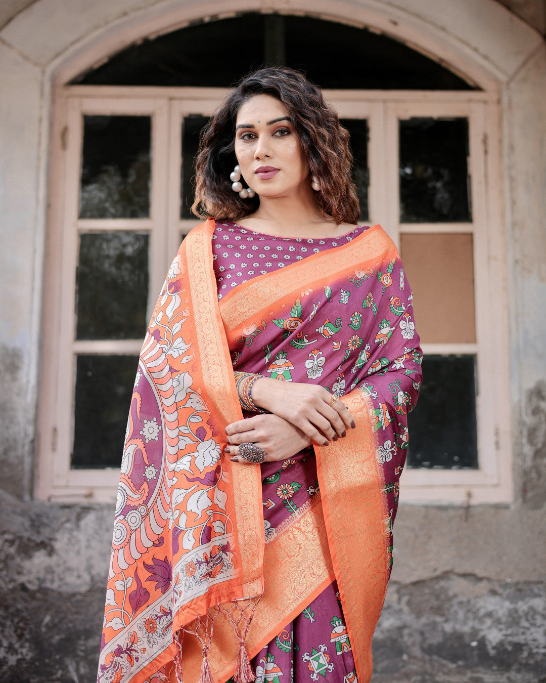 Magenta Kalamakari Digital Printed Tussar Silk Saree With Zari Motif Border