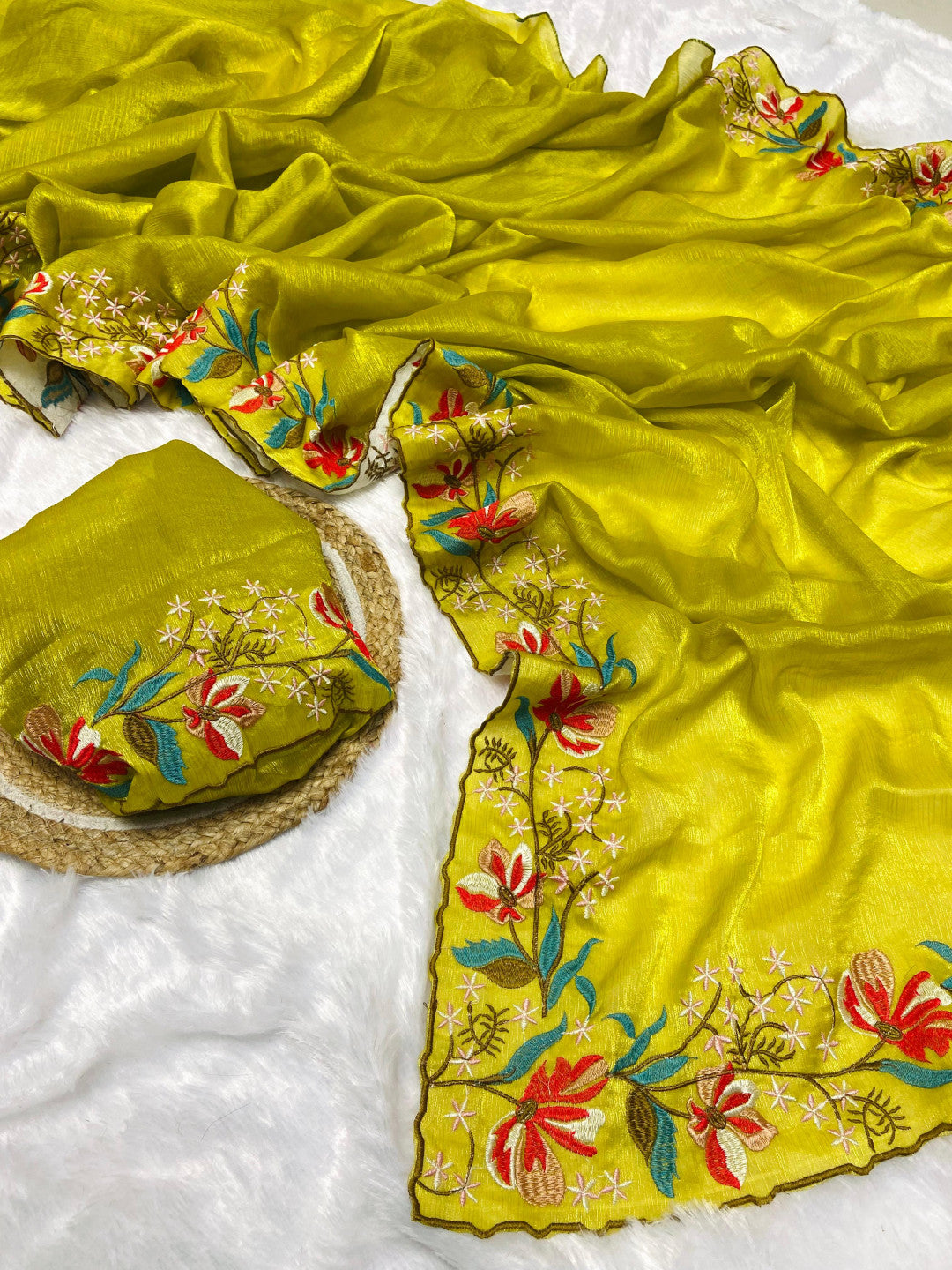 Mahendi Green Fancy Fandy Silk Saree With Embroidery Work