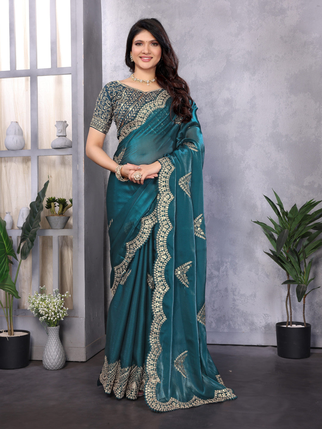 Rama Green Fancy Shimmer Chiffon Saree With Embroidery Work