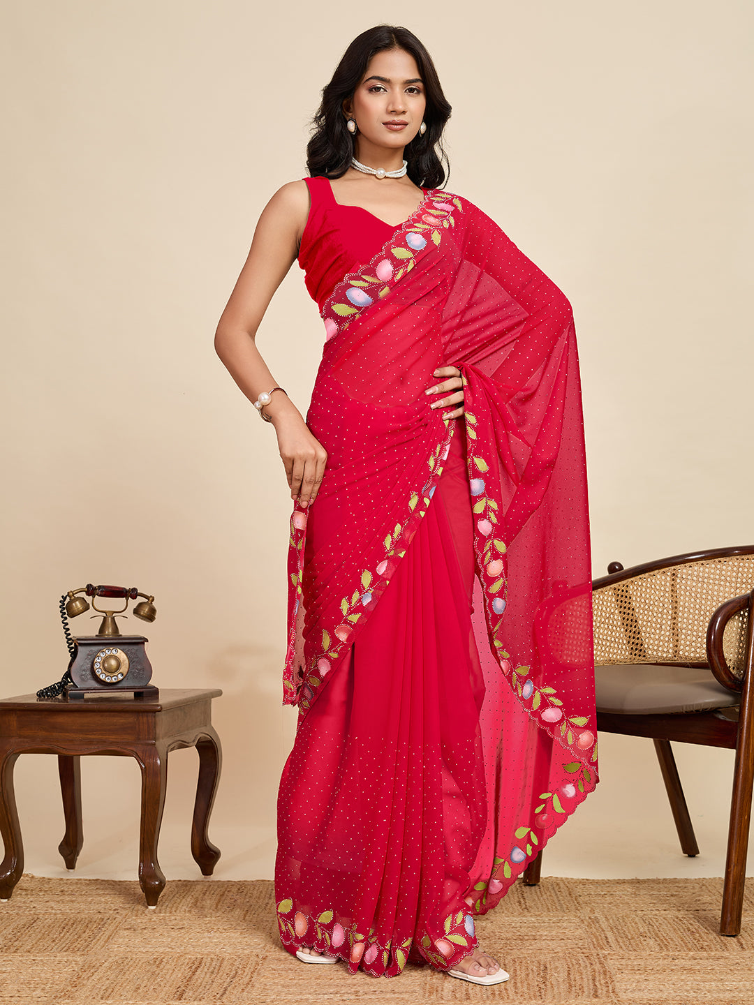Red Color Georgette Saree With Brush Print And Siroski Work