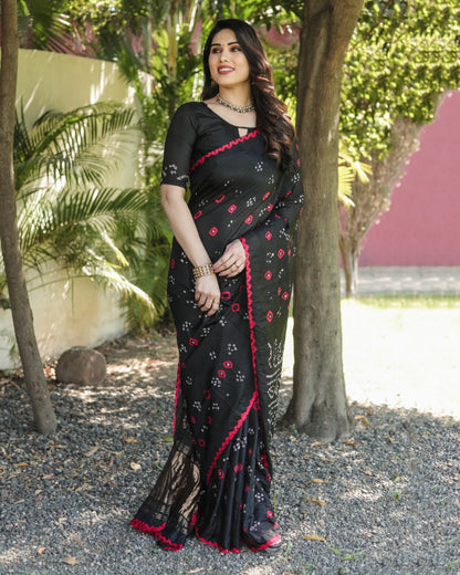 Black Color Bandhej Silk Saree With Printed Work