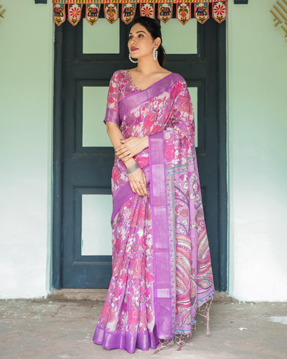 Pink Soft Linen Cotton Saree With Kalmkari Digital Printed Work