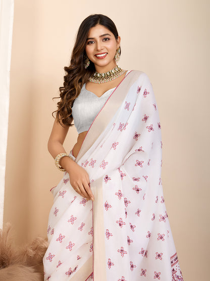 White Soft Cotton Saree With Printed Work