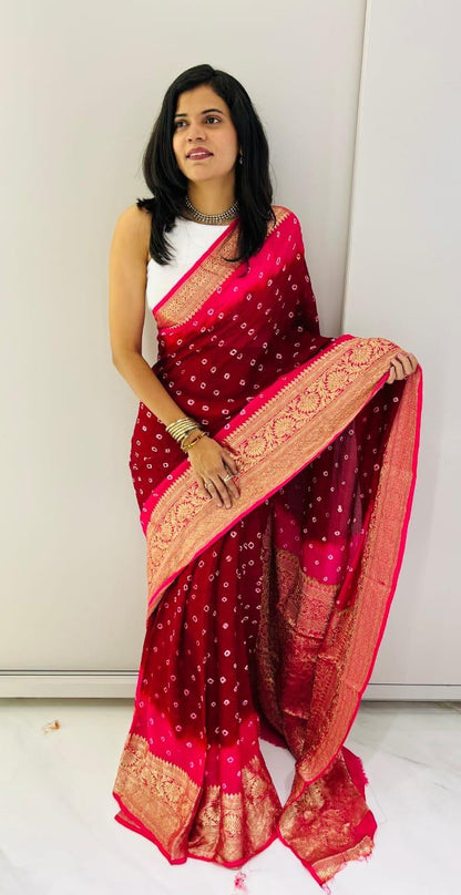 Hand Bandhej Bandhani Saree With Zari Border