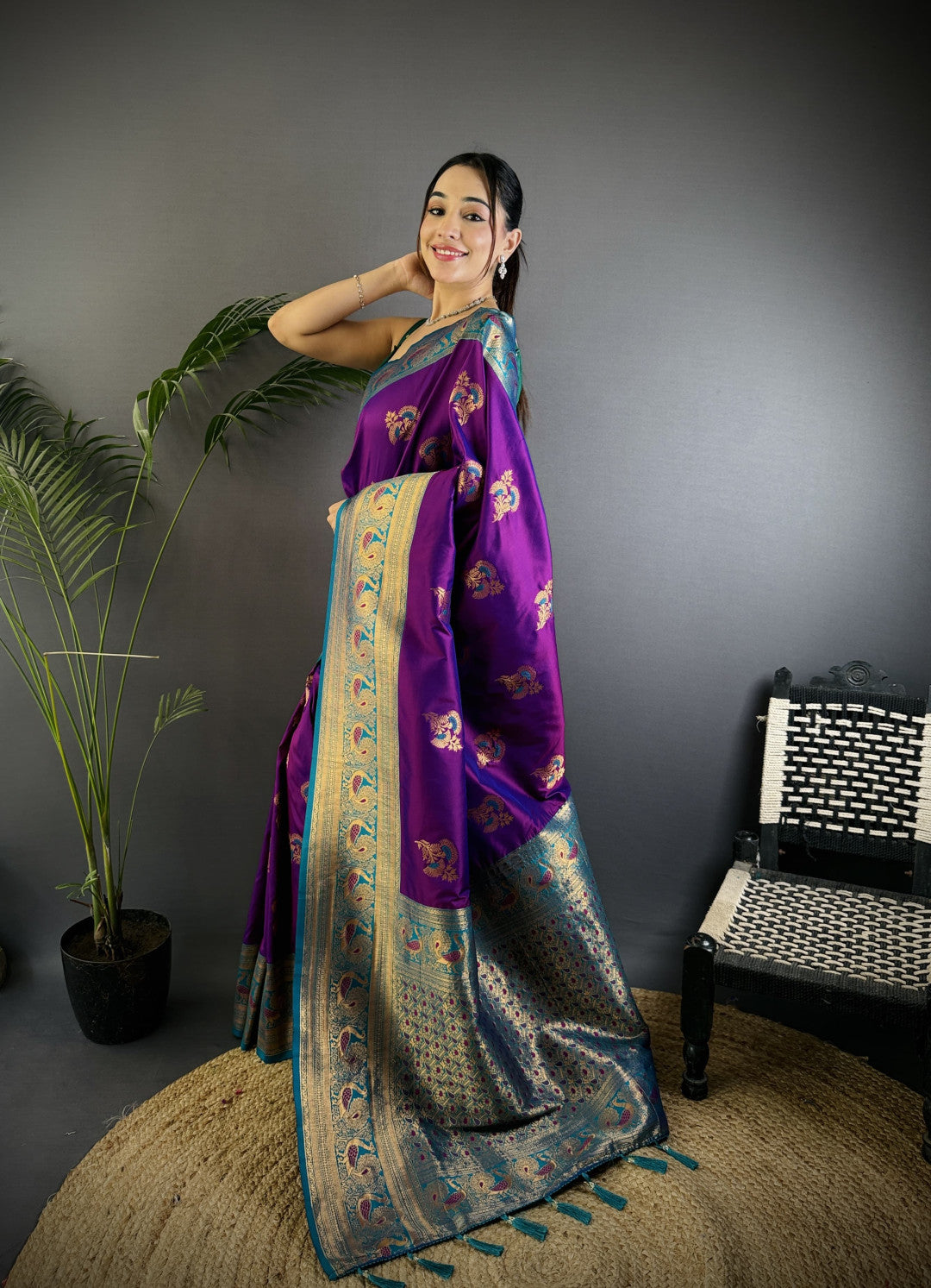 Wine Traditional Banarasi Silk Saree With Zari Weaving Work