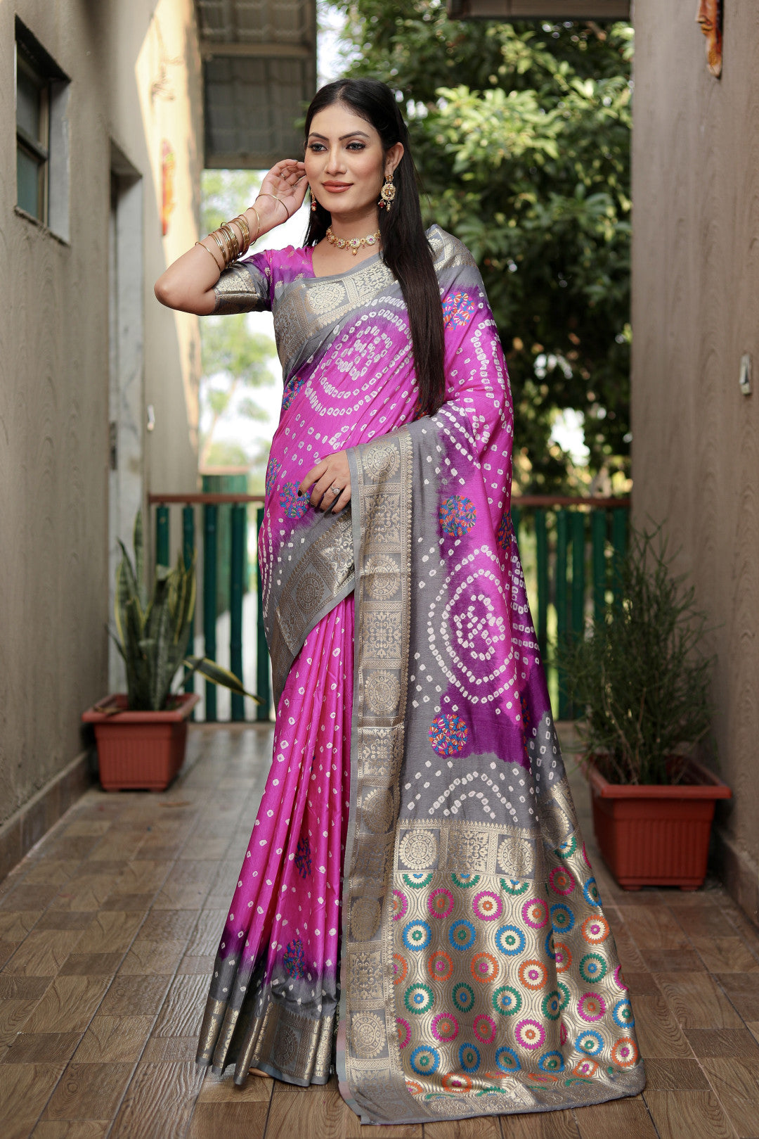 Multi Color Soft Bandhej Silk Saree With Zari Weaving Work