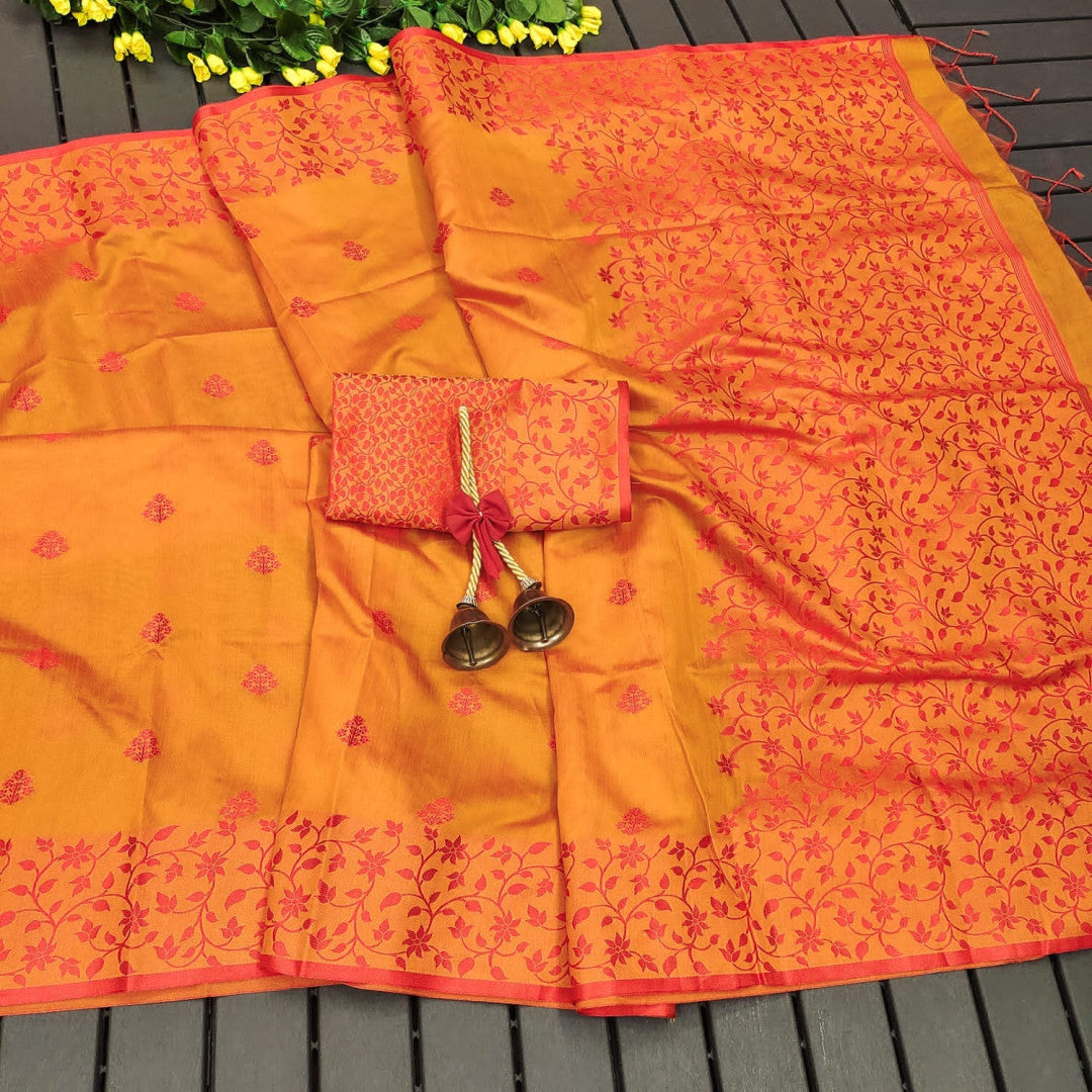 Orange Color Khadi Raw Silk Saree With Jamdani Weaving Border