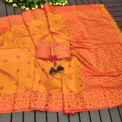 Orange Color Khadi Raw Silk Saree With Jamdani Weaving Border