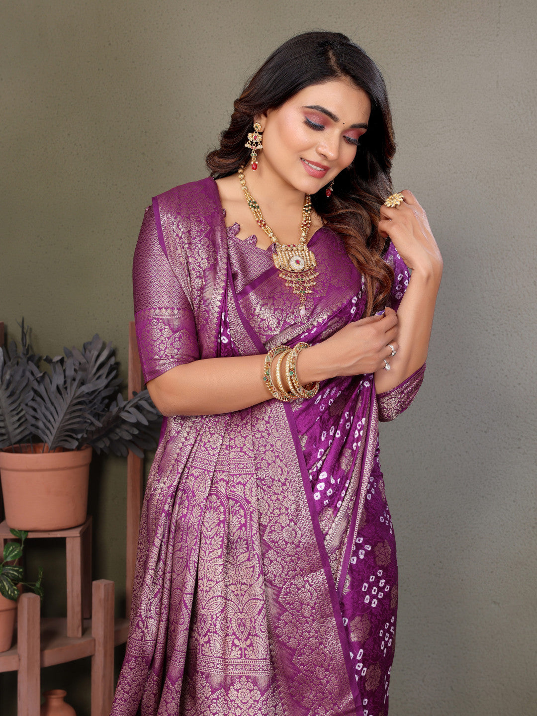 Magenta Premium Bandhej Silk Saree With Zari Weaving Work