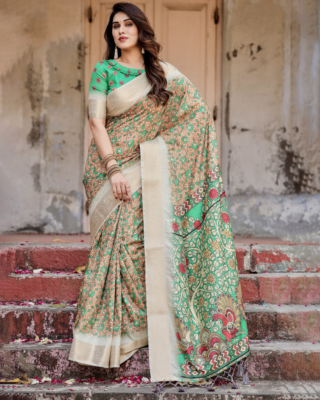 Multi Kalamkari Digital Printed Dola Silk Saree With Gold Zari Border