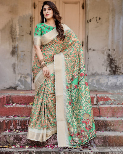 Multi Kalamkari Digital Printed Dola Silk Saree With Gold Zari Border