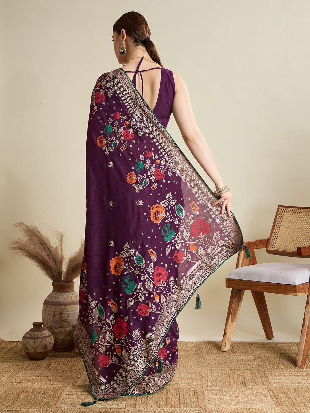 Wine Cotton Saree With Table Printed And Foil Work With Pipeing Border