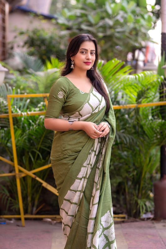 Mahendi Green Soft Cotton Saree With Batik Printed Work