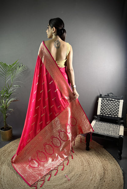 Rani Pink Soft Banarasi Silk Saree With Zari Weaving Work