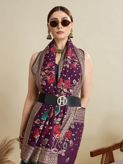 Wine Cotton Saree With Table Printed And Foil Work With Pipeing Border