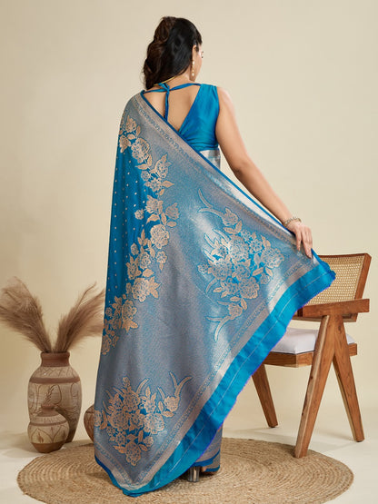 Blue Kanjivaram Silk Saree With Zari Weaving Border & Designer Rich Pallu