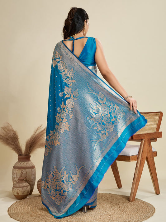 Blue Kanjivaram Silk Saree With Zari Weaving Border & Designer Rich Pallu