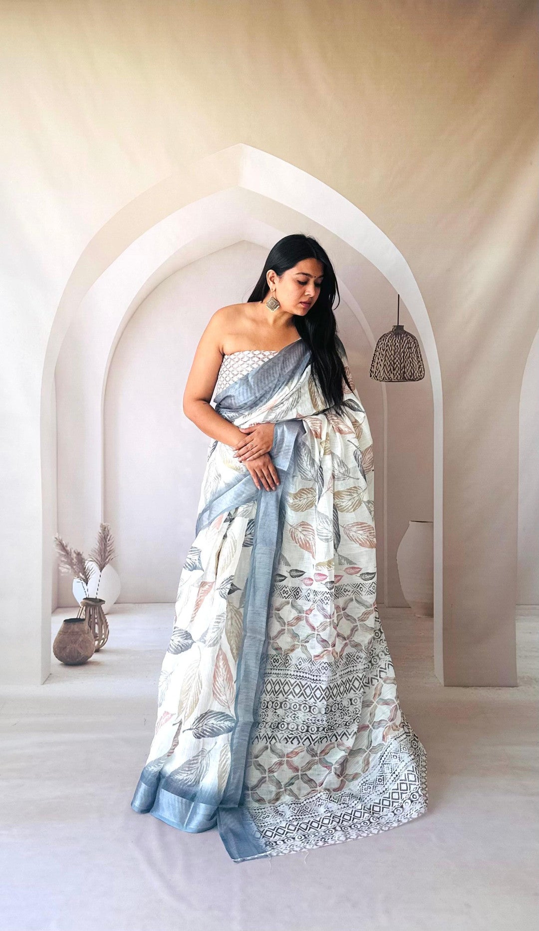 Off White Digital Printed Flowy Linen Cotton Saree
