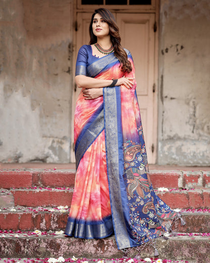 Pink Kalamkari Digital Printed Dola Silk Saree With Gold Zari Border