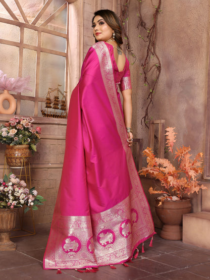 Premium Summer Special Pink Banarasi Silk Saree With Gala Weaving Exclusive Work