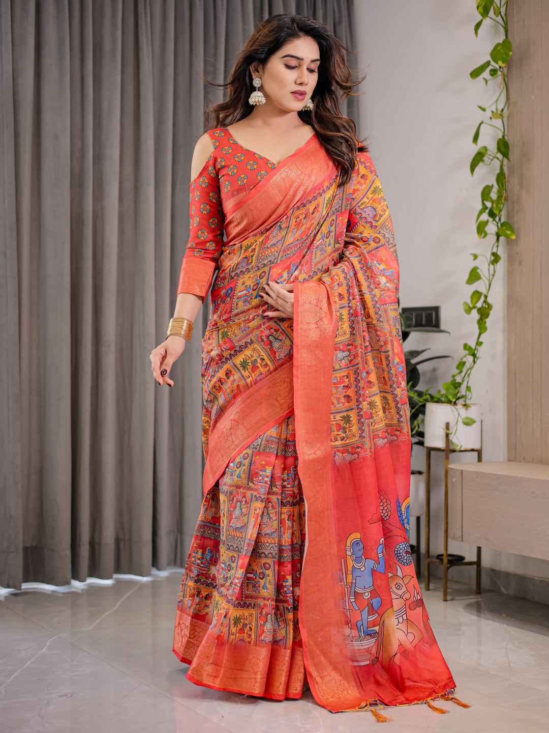 Kalamkari Digital Printed Linen Cotton Saree