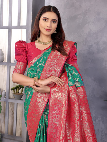Rama Green Premium Banarasi Silk Saree With Zari Weaving Work