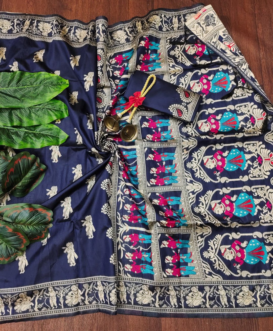 Navy Blue Traditional Handloom Raw Silk Saree With Woven Design