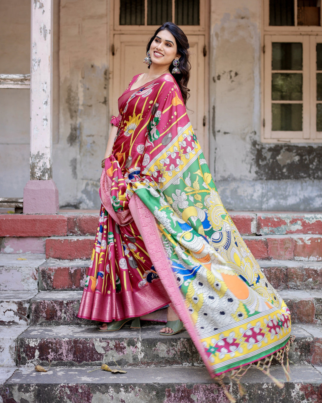 Pink Kalamkari Digital Printed Tussar Silk Saree With Zari Motif Border