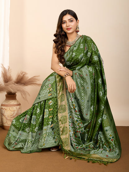 Mahendi Green Traditional Muslin Dola Silk Saree With Meenakari Zari Weaving Work