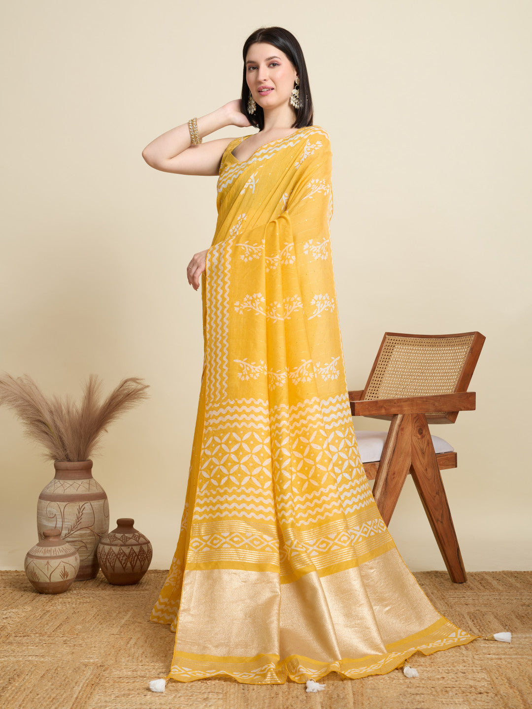 Yellow Batik Printed Soft Cotton Saree With Sequence Work