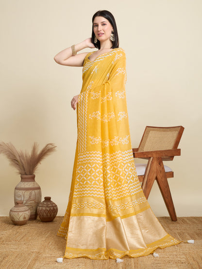 Yellow Batik Printed Soft Cotton Saree With Sequence Work