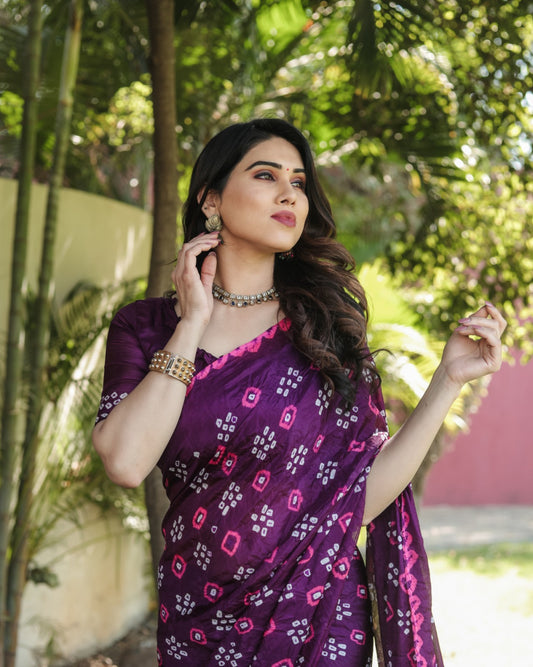 Magenta Color Bandhej Silk Saree With Printed Work