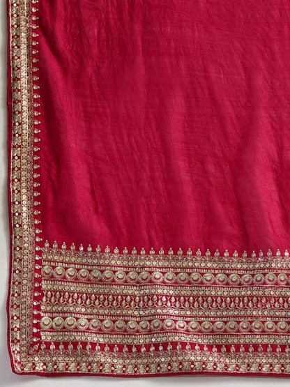 Rani Pink Soft Vichitra Silk Saree With Embroidery Work