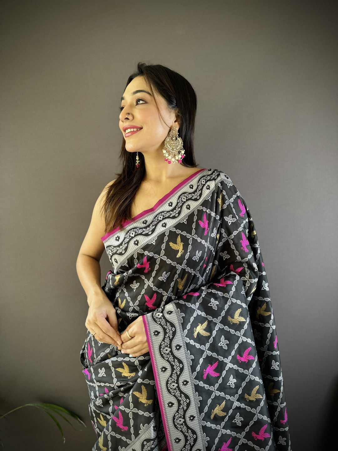 Black Lichi Silk Saree With Zari Weaving Work