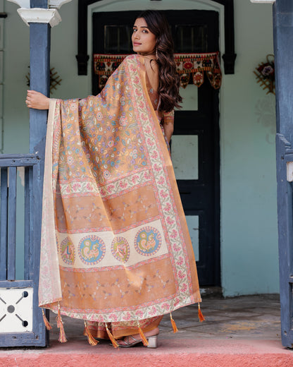 Kalamkari Digital Printed Linen Cotton Saree