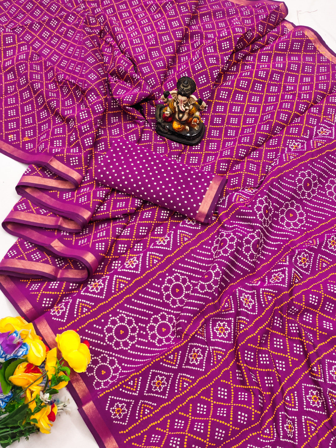 Pink Bandhej Printed Soft Cotton Saree With Zari Border