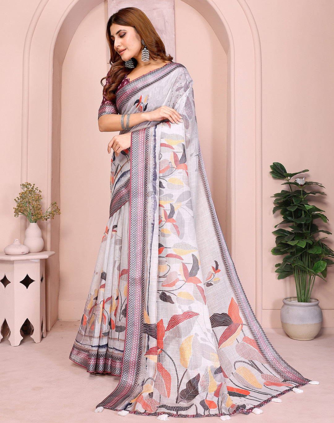 Gray Linen Cotton Saree With Digital Printed Work And Silver Zari Border