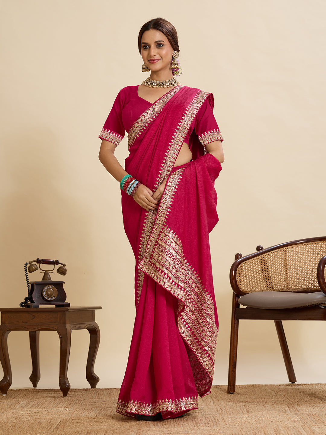 Rani Pink Soft Vichitra Silk Saree With Embroidery Work