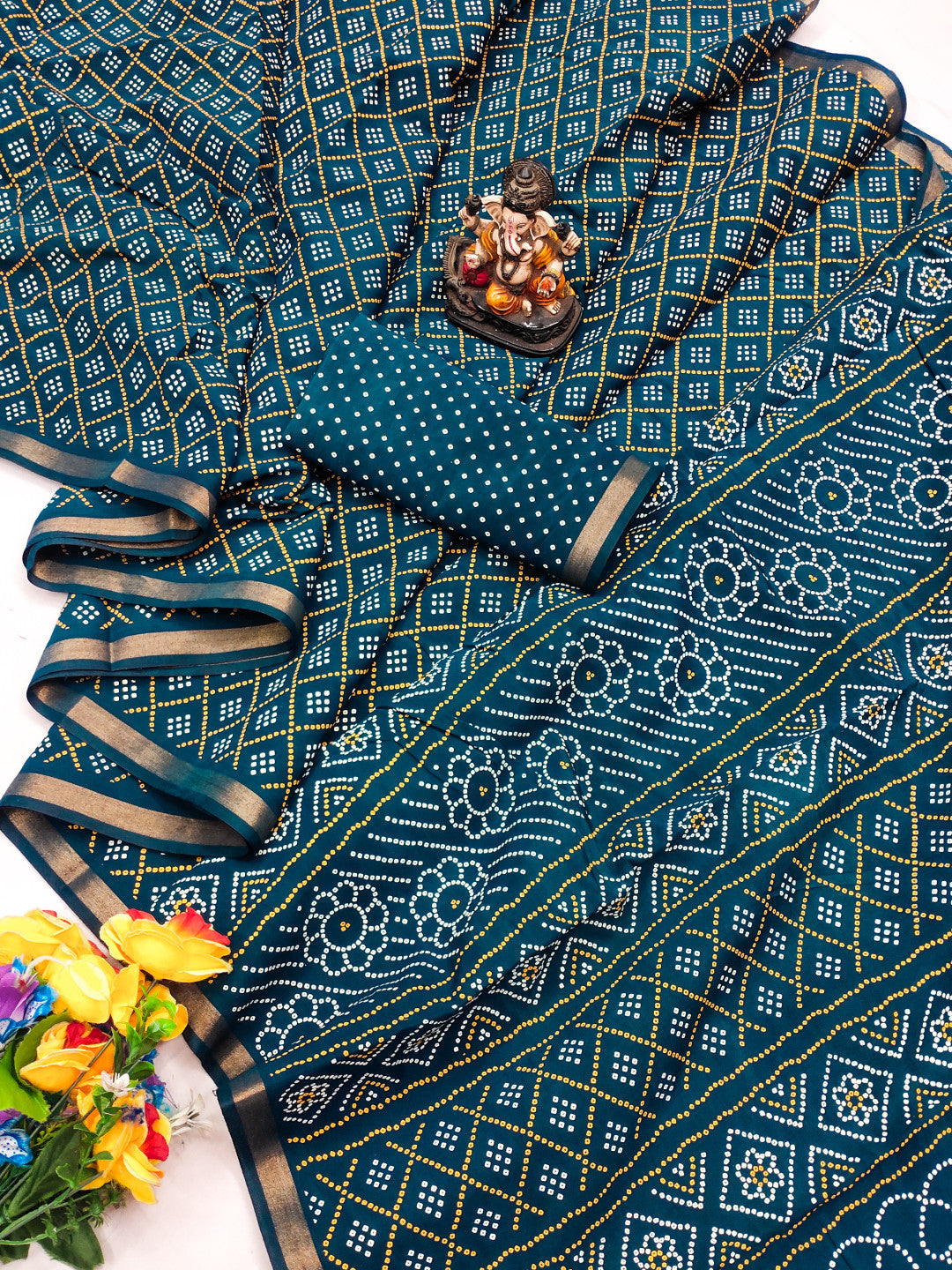 Rama Green Bandhej Printed Soft Cotton Saree With Zari Border