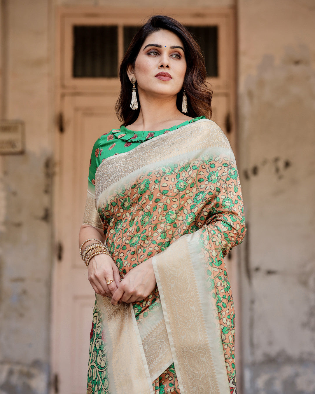 Multi Kalamkari Digital Printed Dola Silk Saree With Gold Zari Border