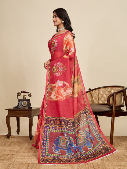 Red Linen Cotton Saree With Digital Printed Work And Silver Zari Border
